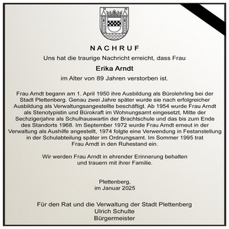 Traueranzeige Erika Arndt