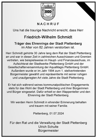 Nachruf der Stadt Plettenberg auf Friedrich-Wilhelm Schmidt.