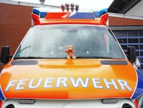 Ein Notfallbär auf der Haube des Rettungswagens.