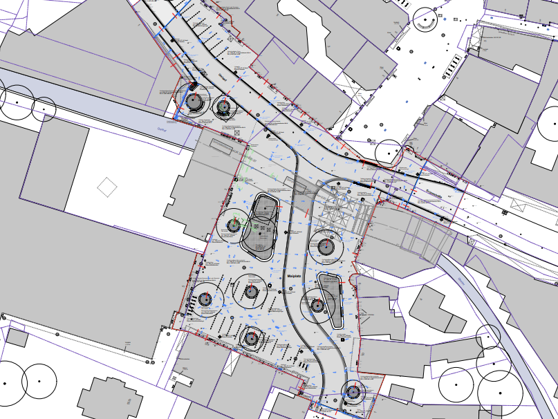 Ein Ausschnitt des Lageplans zur Umgestaltung des Maiplatzes, Vogelperspektive.
