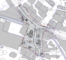 Ausschnitt Lageplan Maiplatz Ein Ausschnitt des Lageplans zur Umgestaltung des Maiplatzes, Vogelperspektive.