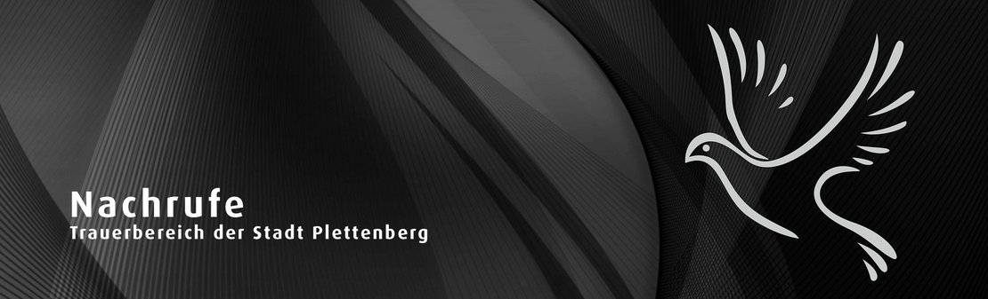 Trauerkarte, schwarz mit gräulichen, wellenartigen Akzenten und einer weißen Taube. Darauf die Schrift "Nachrufe - Trauerbereich der Stadt Plettenberg"