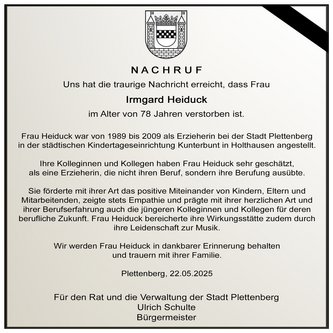 Traueranzeige für Frau Irmgard Heiduck.