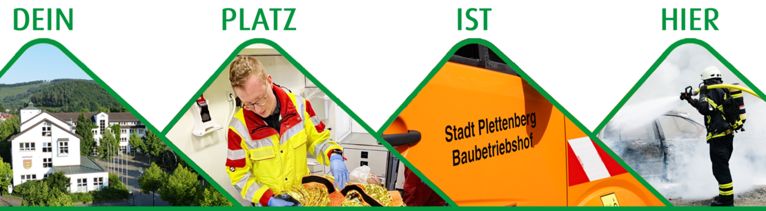 Die symbolischen vier Täler der Stadt und die Berge beinhalten Fotos der Ausbildungsbereiche Verwaltung, Rettungsdienst, Bauhof und Feuerwehr.