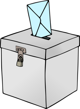 Zeichnung einer Wahlurne und eines Stimmzettels.