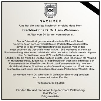 Nachruf auf Stadtdirektor a.D. Dr. Hans Wellmann