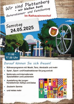 Plakat des Familien- und Generationentags mit einfacher Programmübersicht und Bild des Rathausinnenhofs.