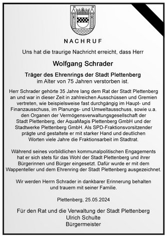 Nachruf der Stadt Plettenberg auf Wolfgang Schrader.