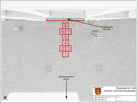 Planungsskizze auf einem Luftbild des Rathauseingangs für das Hüpfspiel "Himmel und Erde".
