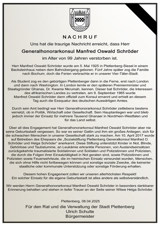 Traueranzeige für Konsul Schröder.