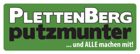 Schriftlogo "PlettenBerg putzmunter" mit grünem Hintergrund, abgerundete Ecken, Schrift in Schwarz und Weiß mit Umrandung.