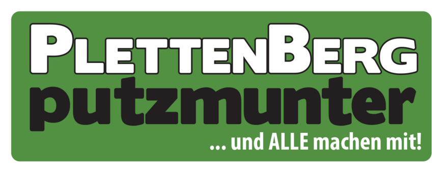 Schriftlogo "PlettenBerg putzmunter" mit grünem Hintergrund, abgerundete Ecken, Schrift in Schwarz und Weiß mit Umrandung.